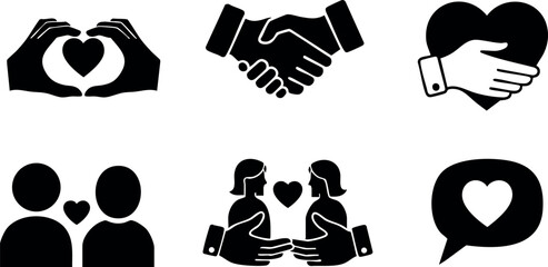 Love and care icons set with handshake heart and couples in black silhouette vector illustration