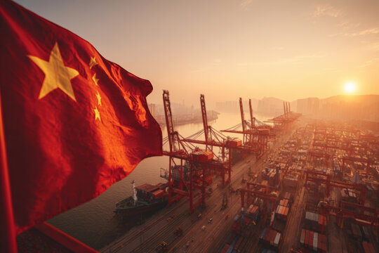 Chinese Flag Waving Over Modern Port at Sunrise with Industrial Cranes