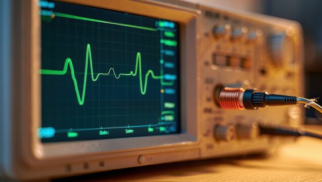 Oscilloscope display showing sine wave signals with fluctuating amplitude in a lab