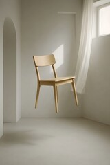 Fototapeta premium Wooden Chair Floating in a Minimalist White Room