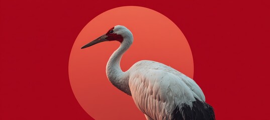 Naklejka premium Stoic White Crane Against Japanese Flag with Minimalist Red Sun Backdrop