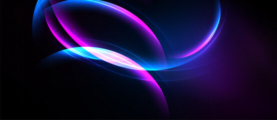 Abstract glowing shapes, vibrant blue, purple hues dominate dark background. Smooth curves create dynamic visual impact.