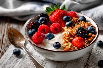 A delicious breakfast bowl filled with creamy yogurt topped with strawberries, raspberries, blueberries, blackberries, and crunchy granola sits on a rustic wooden table