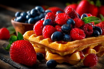 Freshly made waffles are generously topped with vibrant red raspberries, blueberries, and strawberries. The scene is set on a wooden table, inviting and warm