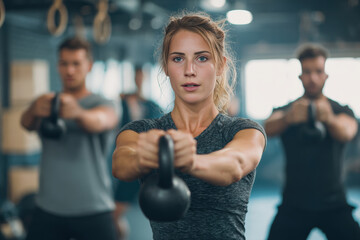 Female Coach Demonstrates Kettlebell Swing to Group in Functional Training Gym