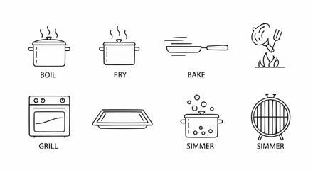 A vector icon set illustrating various cooking techniques. This collection features linear symbols for culinary instructions and food preparation graphics