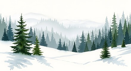 A serene winter landscape with snowcovered rolling hills and a dense forest of evergreen pine trees, creating a peaceful and cold natural scene