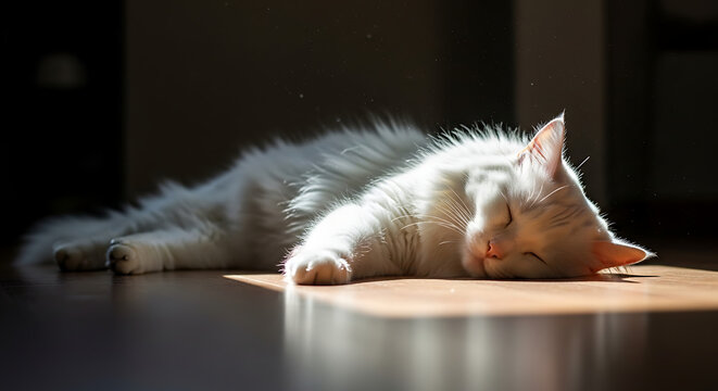 Fluffy white cat sleeping peacefully in a sunbeam on the floor.