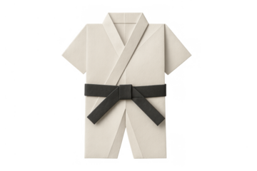 Origami paper art folding a white karate gi uniform with a black belt, symbolizing focus, dedication, and skill