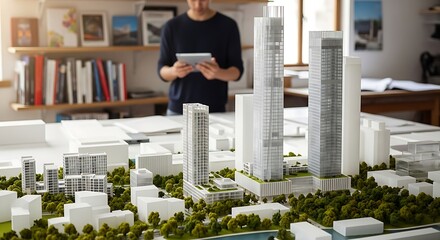 Professional view of a miniature city development featuring twin glass towers and residential blocks on a table