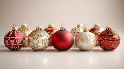 Row of elegant red and white Christmas baubles with gold glitter details on soft neutral background, shiny glass ornaments, festive decor, copy space.