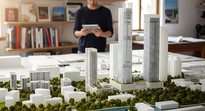 Professional view of a miniature city development featuring twin glass towers and residential blocks on a table