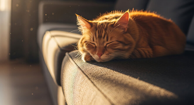 Ginger Cat Napping Peacefully on a Sofa in Warm Sunlight.