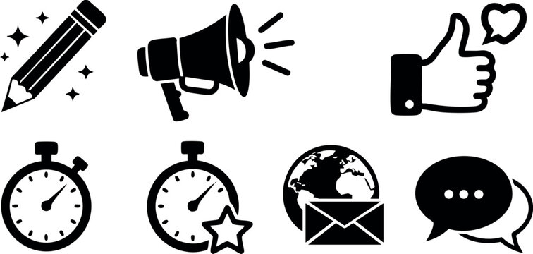 Pencil megaphone thumbs up stopwatch star globe envelope chat icons vector illustration