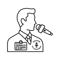Outline icon of a male journalist or reporter speaking into a microphone, isolated on