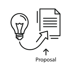 Line icon illustrating the process of an idea or innovation leading to a formal proposal document, isolated on