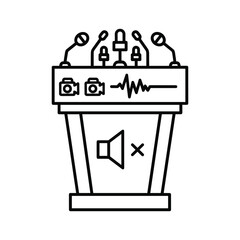 Black and white line art icon representing a press conference podium with microphones, camera, sound wave, and mute symbol isolated on