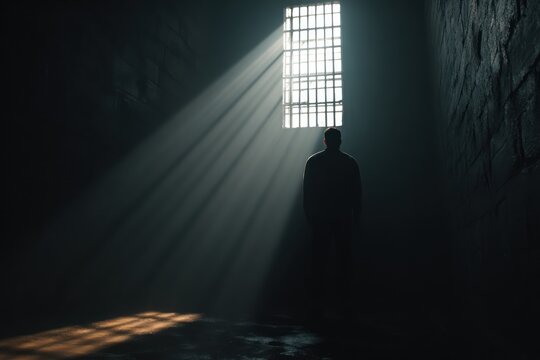 Prisoner Behind Bars, Light Shining through Window in Gloomy Cell