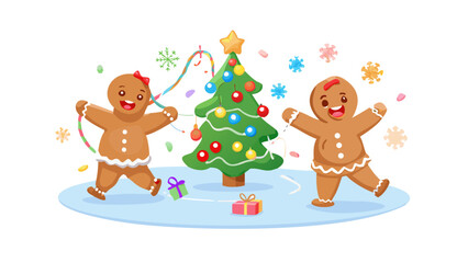 Naklejka premium Cartoon gingerbread people dancing around a sugar Christmas tree decorated with candy jewels and frosting lights .