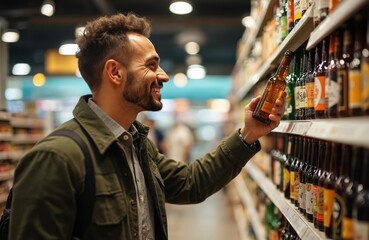 Man is selecting craft beer bottle at shop. Guy with beard smiles holding alcohol drink from shelf. Male customer in store chooses best alcoholic beverage product. Supermarket aisle full of bottles.