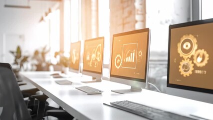 Modern office computers displaying data analysis and business information. - Powered by Adobe