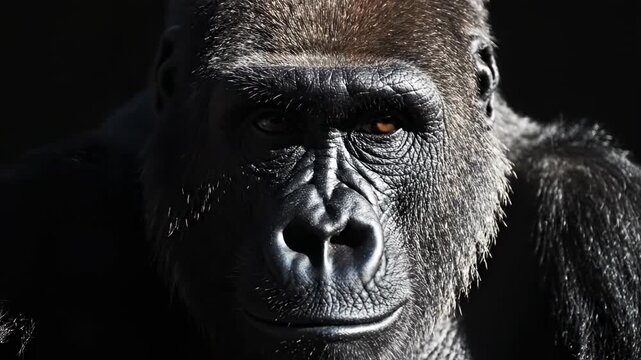 Extreme close up of a majestic silverback gorilla's face, staring with powerful, intelligent eyes. The great ape shows intense expressions and subtle movements against a dark background