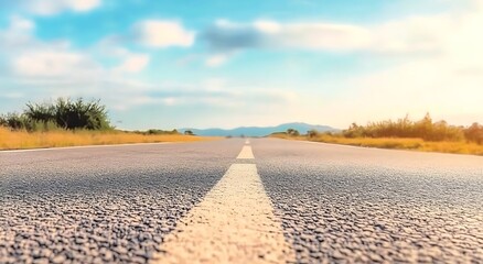 Close up of straight road leading to distant horizon under bright sunlight