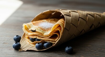 Crepe cone with blueberries and powdered sugar on wooden surface
