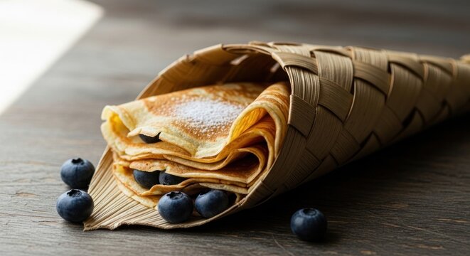 Crepe cone with blueberries and powdered sugar on wooden surface - Powered by Adobe
