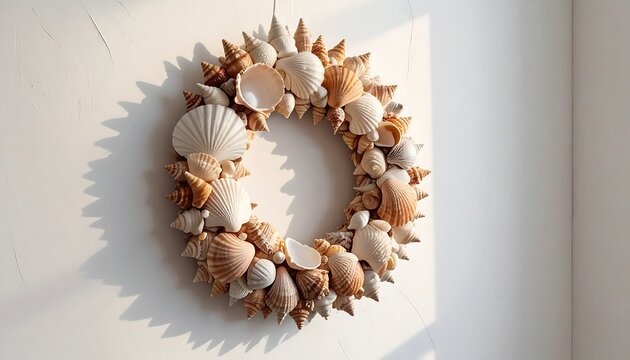Elegant seashell wreath hanging on a white wall creating a coastal home decor