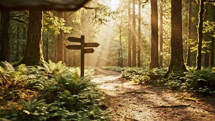 Blank wooden signpost with directional arrows standing at a crossroads in a mystical forest, symbolizing choice, decision making, and finding the right path with sun rays shining through trees
