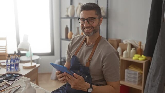 Man smiling, holding a blue tablet with hands visible and wearing an apron in a studio surrounded by pottery and tools; contentment creativity craft.