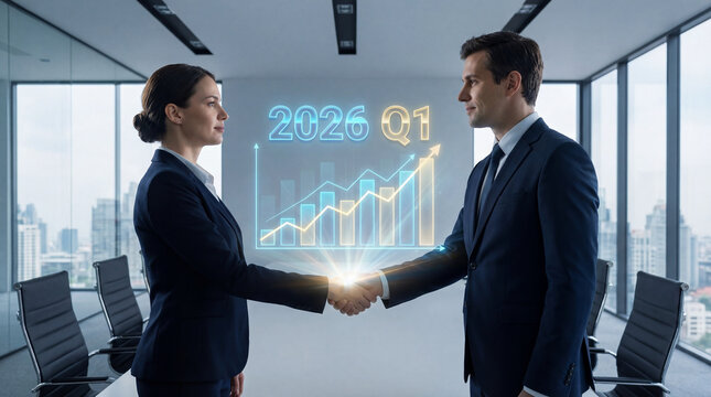 2026 Q1 Business Deal Handshake with Glowing Quarterly Growth Chart Overlay - Powered by Adobe