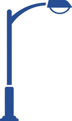 A simple dark blue silhouette of a classic street lamp with a curved arm and a hooded light fixture stands against a clean white background