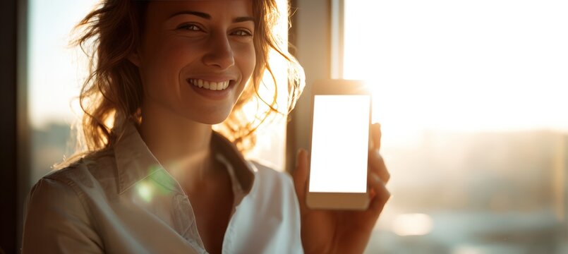 Woman Smiling with Smartphone in Morning Sunlight, Blank Display, Bright Commercial Tone