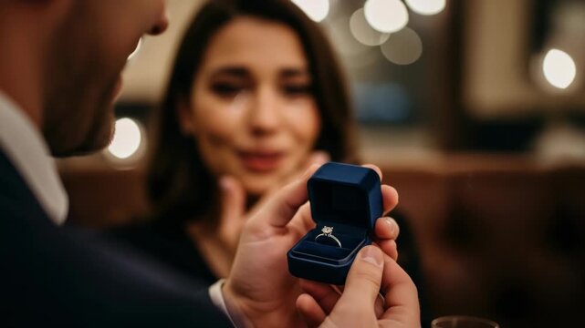 Man proposing marriage to a smiling woman with a diamond engagement ring in a blue box