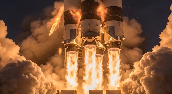 A rocket launching into space with fiery plumes erupting from its engines, amid voluminous clouds of smoke and a darkened starry backdrop