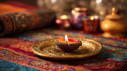 Warm Diwali Still Life with Lit Diya on Golden Plaque and Colorful Table