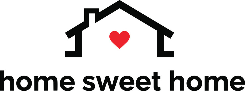 Home sweet home illustration, heart in house, cozy living, sentimental message, graphic art, black outline, emotional design, warm decor