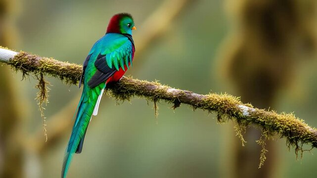 Vibrant green quetzal perched on mossy branch in tropical forest.