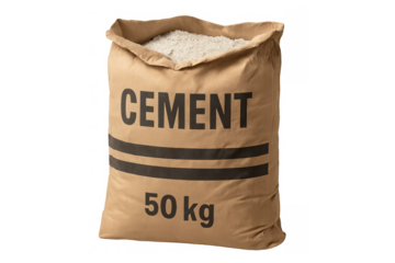 Cement bag 50 kg full of construction powder, showing building material for concrete and masonry work, transparent background