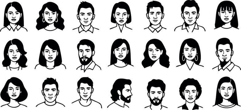 Diverse faces collection male female hairstyles beard expressions simple black white vector illustration