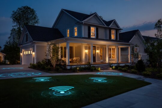 Modern House with Glowing Wi-Fi Symbol at Twilight