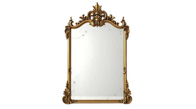 Ornate antique gold gilded mirror with decorative carved frame isolated on transparent background