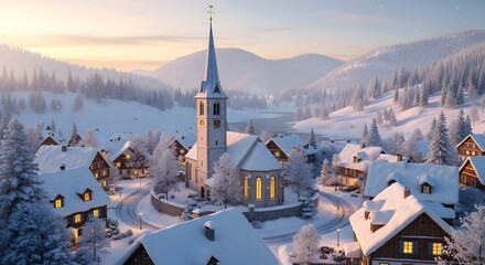 Serene winter village with a prominent church, snowcovered houses, and frosted trees, nestled in a mountain valley under a soft, glowing sky