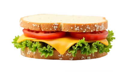 Delicious cheese sandwich with lettuce and tomato slices isolated on transparent background