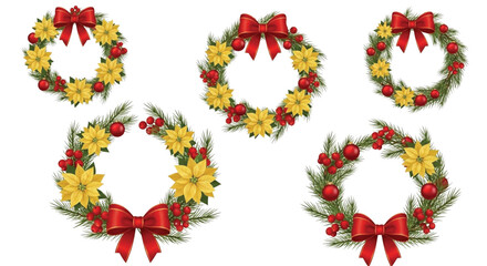 Christmas Wreaths Set with Golden Poinsettias, Red Baubles, Berries and Pine Branches Illustration