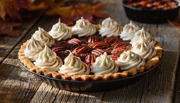 Delicious pecan pie with whipped cream topping on table. - Powered by Adobe