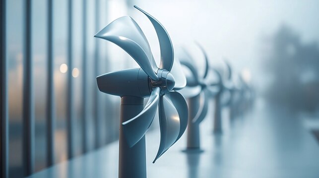Isolated vertical axis wind turbines against a bright background, embodying clean energy solutions. The turbines, depicted in a cool, muted palette, represent sustainability and power generation. - Powered by Adobe