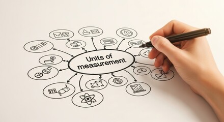 A person's hand with a black marker draws a mind map about units of measurement, connecting various scientific and conceptual icons in a hand-drawn organizational chart
